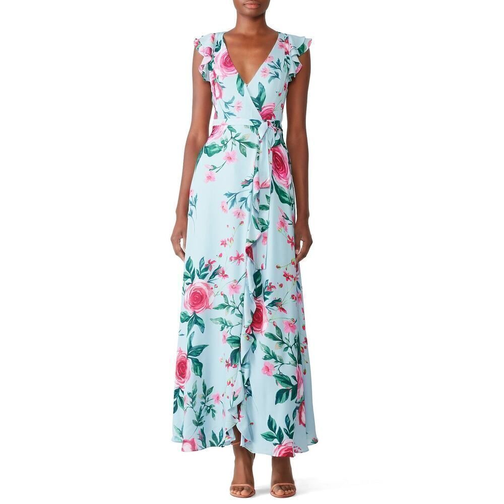 Fame and Partners The Nora Wrap Maxi Dress Women's 4 Blue Floral Flutter Sleeve